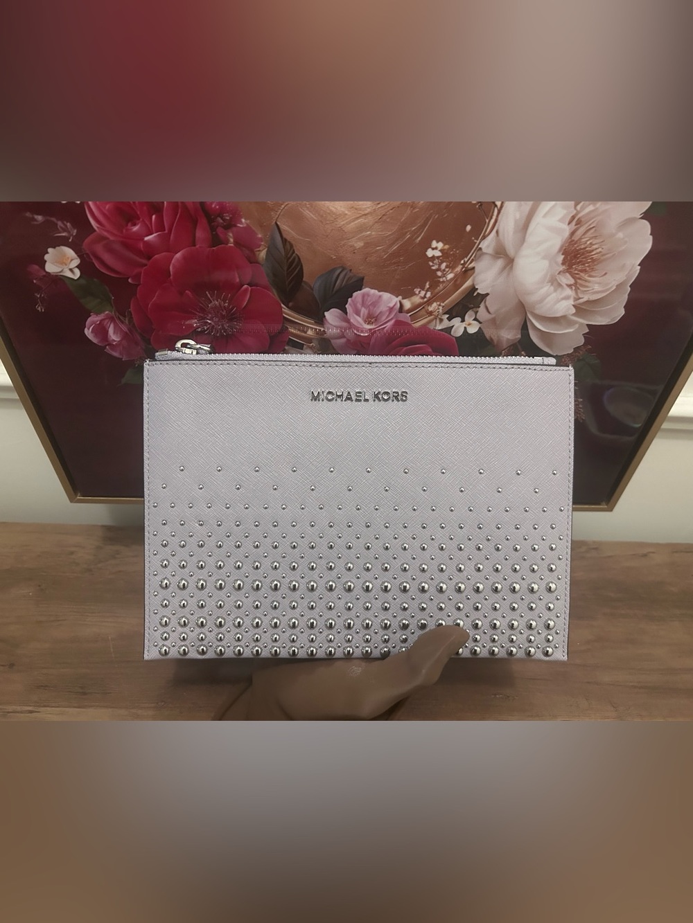 Michael Kors Silver-Accent Lilac/Gray Studded Wristlet - Picture 3 of 6